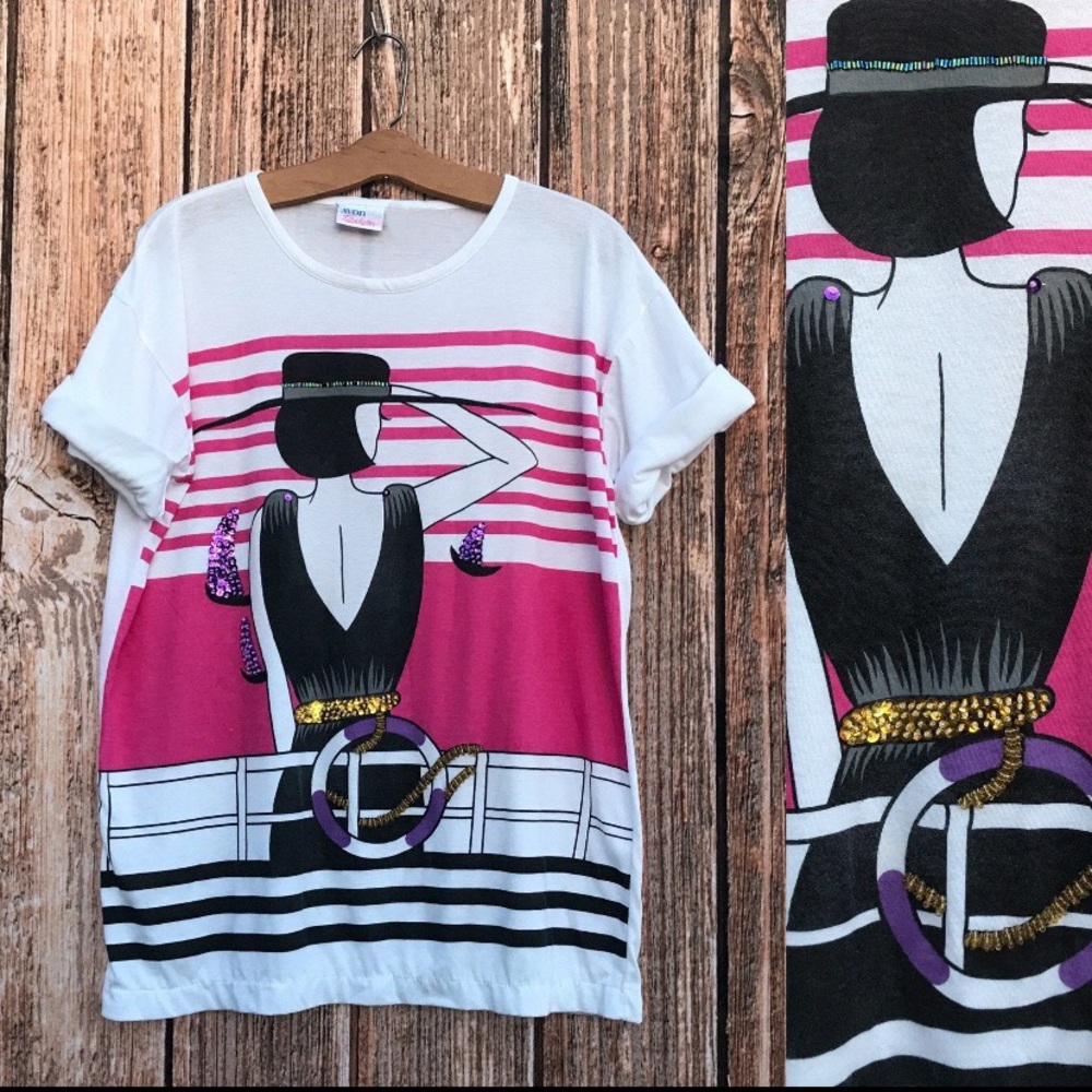 VINTAGE 90’s RETRO T SHIRT BEADED SEQUINS GRAPHIC
